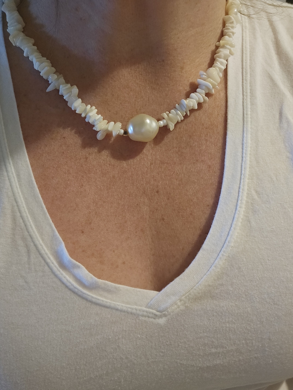 Faux-Pearl and White Shell Chip Necklace